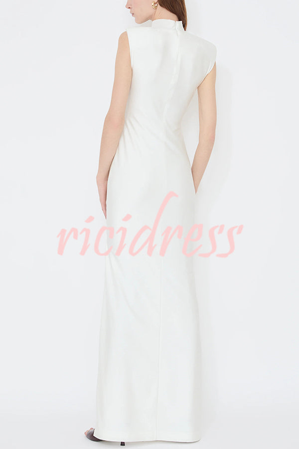 Genis Hollow Elastic Bust High Neck Sleeveless Gathered Maxi Dress