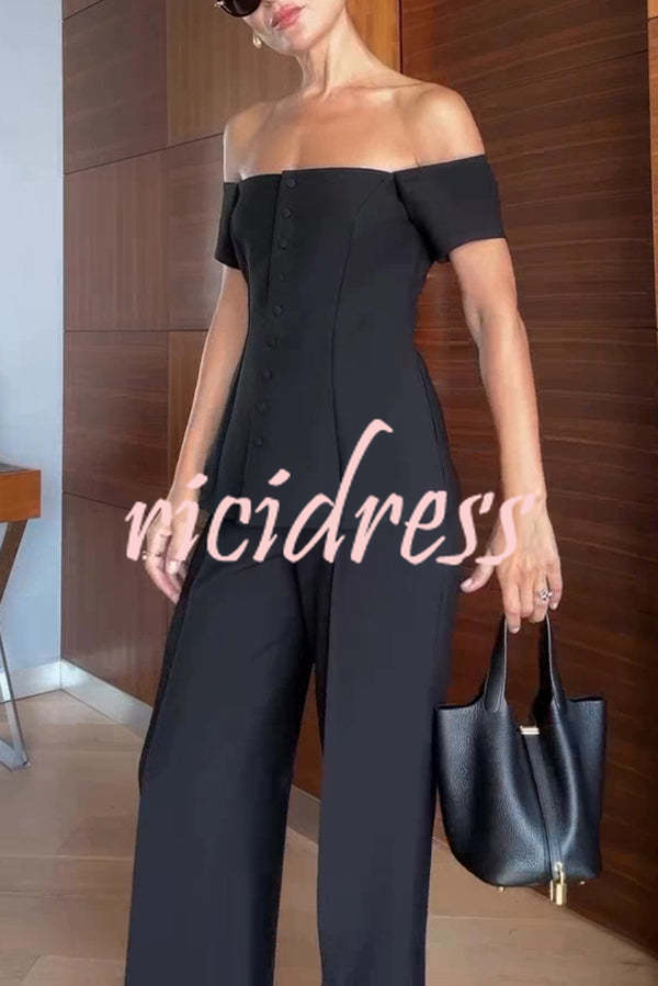 Solid Color Off-the-shoulder Single-breasted Top and Casual Pocket Straight-leg Pants Set