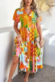 Bohemian Resort Style Print Casual Short Sleeve Button Midi Dress