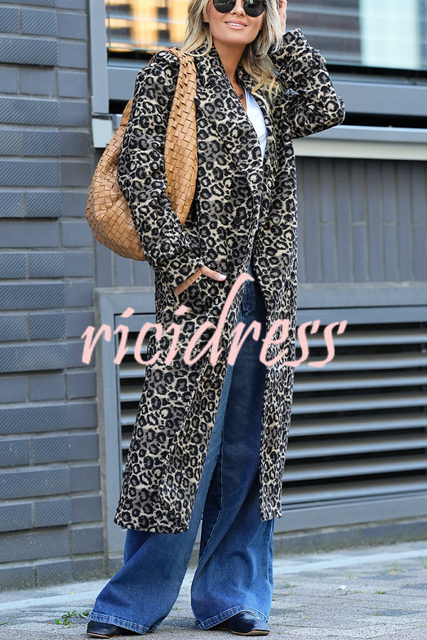 Leopard Affair Animal Print Epaulettes Long Sleeve Pocketed Lapel Midi Trench Coat