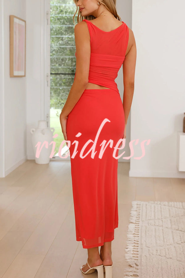 Solid Color Mesh Splicing Waist-baring Slim Maxi Dress