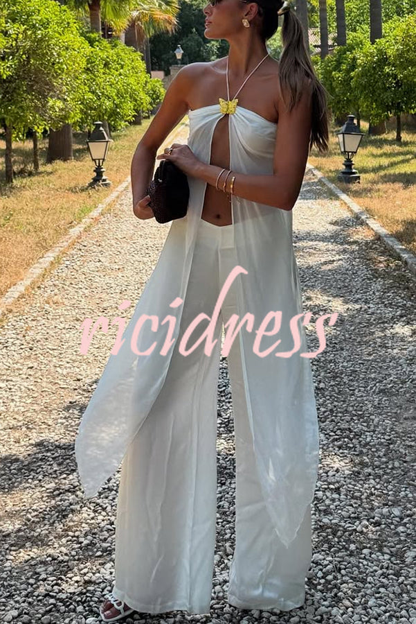 Lily Metal Flower Front Slit Halter Midi Top and V-waist Wide Leg Pants Set