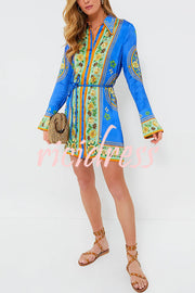 Katia Satin Unique Print Shaped Collar Tie-up Waist Shirt Mini Dress