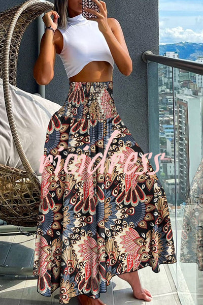 Unique Printed Pleated Elastic Waist Holiday Casual Maxi Skirt