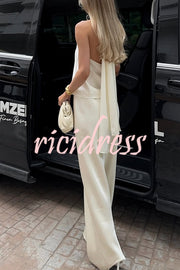 Modern Day Glam Satin Halter Tie-up Tank and Elastic Waist Wide Leg Pants Set