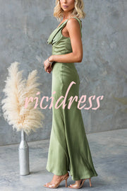 Chic Muse Satin Solid Color Cowl Neck Back Tie-up Maxi Dress