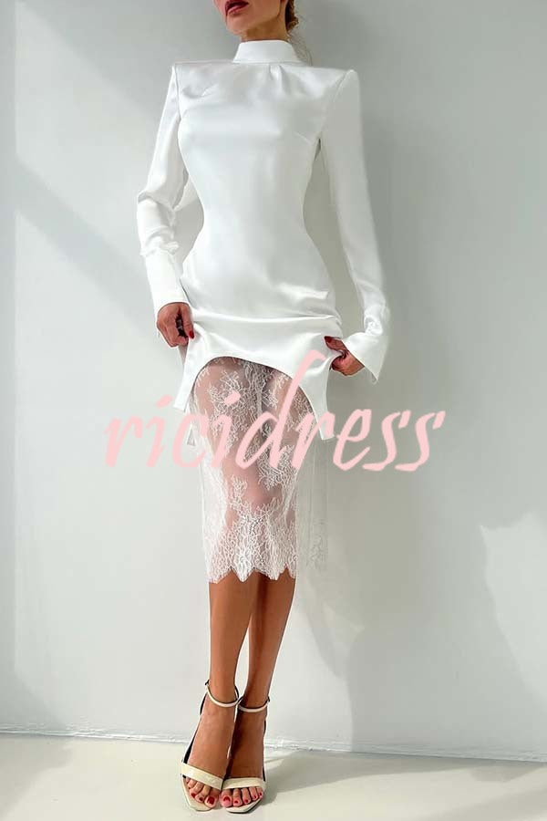 Melissa Satin High Neck Long Sleeve Curved Hem Top and Lace Midi Skirt Set