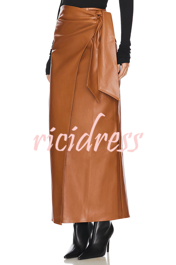 Snappy Casual Slay Faux Leather High Rise Wrap Tie-up Stretch Maxi Skirt