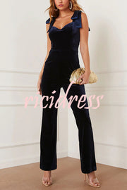 Merlot Sippin' Velvet Shoulder Tie Flare Stretch Jumpsuit