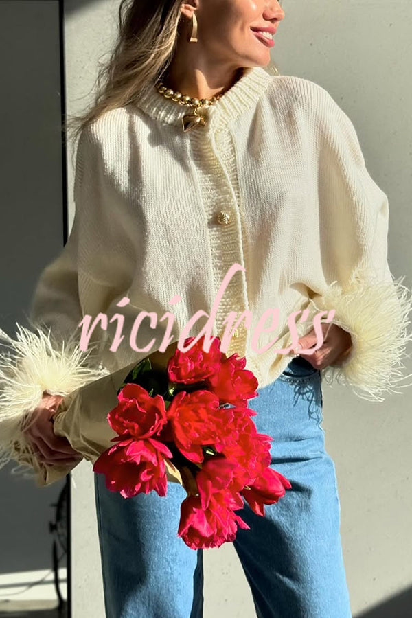 Solid Color Elegant Feather Long Sleeve Casual Knitted Cardigan