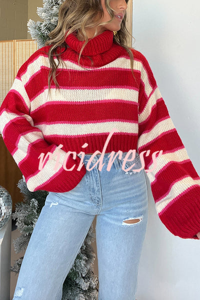 Fashion Striped Turtleneck Long Sleeve Loose Knit Sweater