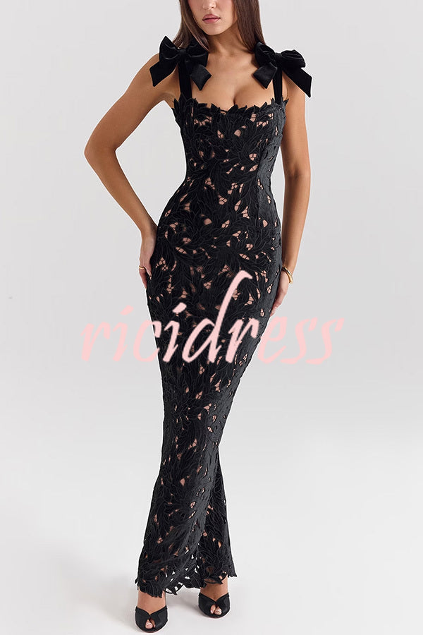 Holiday Intimacy Embroidered Floral Lace Bow Shoulder Straps Slit Maxi Dress