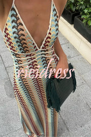 Playful Colorful Knit Holiday Style Halter Neck Maxi Dress