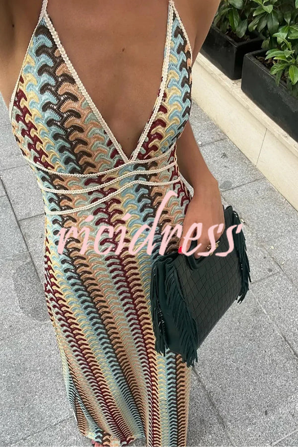 Playful Colorful Knit Holiday Style Halter Neck Maxi Dress