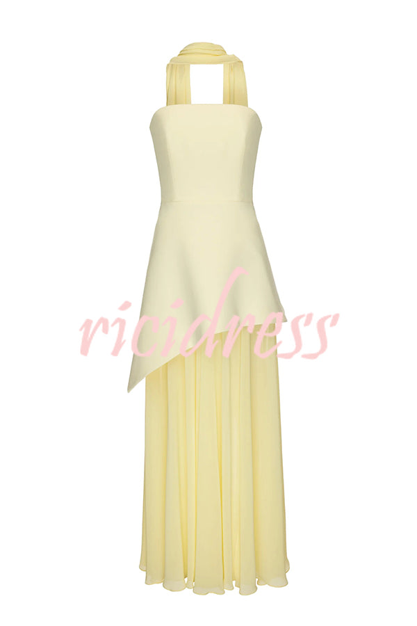 Monaco Off Shoulder Structured Top Chiffon Slit Hem Scarf Maxi Dress