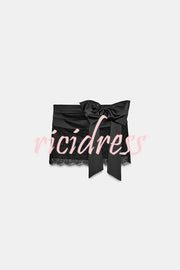 Anna Satin Bow Appliqué Mid Rise Lace Hem Mini Skirt