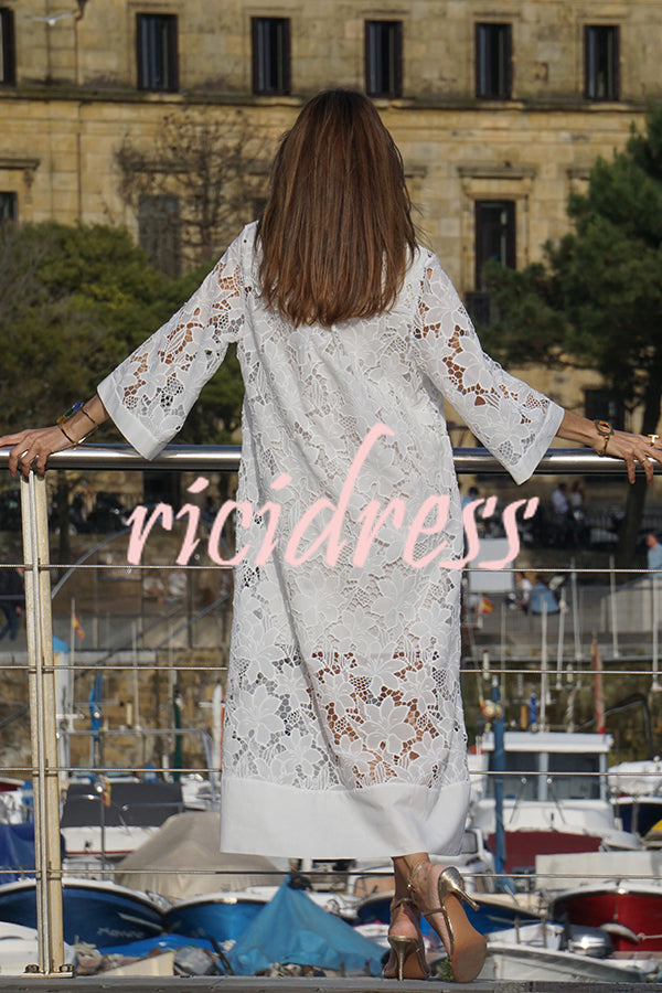 Confidence and Adventure Flower Lace V-neck Bell Sleeve Loose Midi Dress