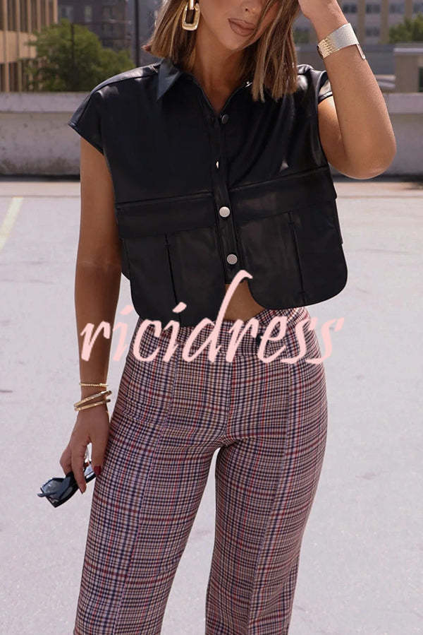 Fashion Faux Leather Pocket Sleeveless Cropped Jacket