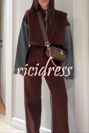 Sports Fashion Denim Patchwork Sweatshirt Fabric High Rise Pocket Loose Pants