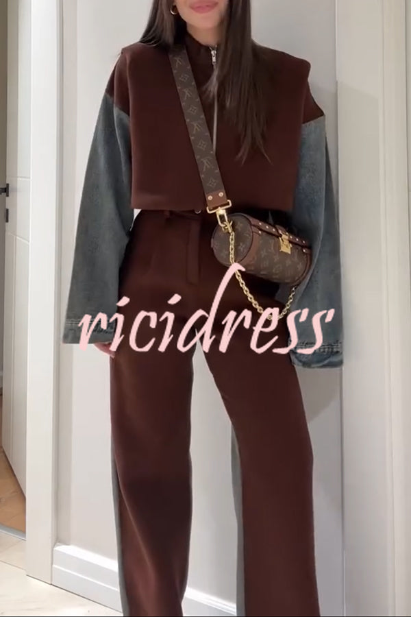 Sports Fashion Denim Patchwork Sweatshirt Fabric High Rise Pocket Loose Pants