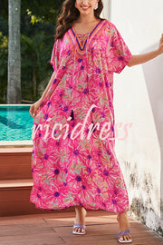 Floral Print V-Neck Lace-Up Loose Holiday Cover-Up Maxi Dress