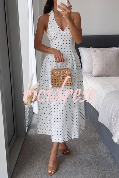 Classic Polka Dot Print Halter Tie-up Umbrella Hem Midi Dress