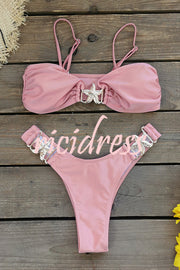 Solid Color Metal Starfish Embellished Stretch Bikini Swimsuit