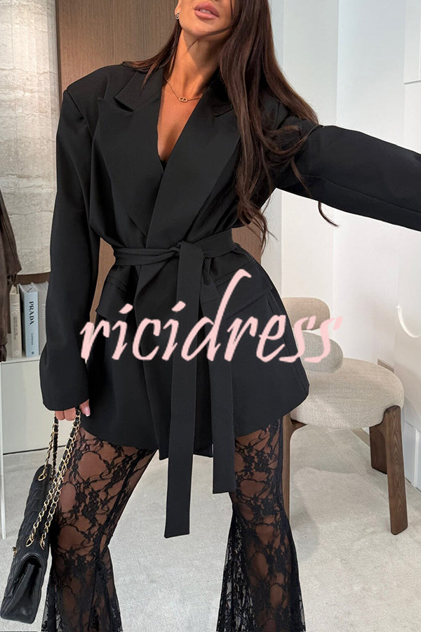 Chic Moment Lapel Long Sleeve Belt Pocketed Oversized Blazer