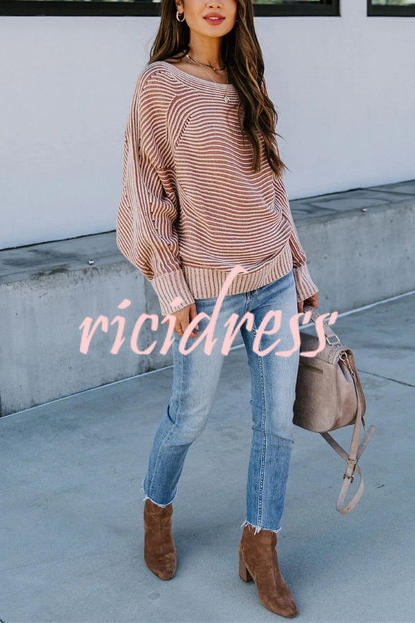 Knitted Striped Round Neck Dolman Sleeve Casual Loose Sweater