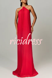 Coralie Pleated Metal Ring Halter Backless Loose Maxi Dress