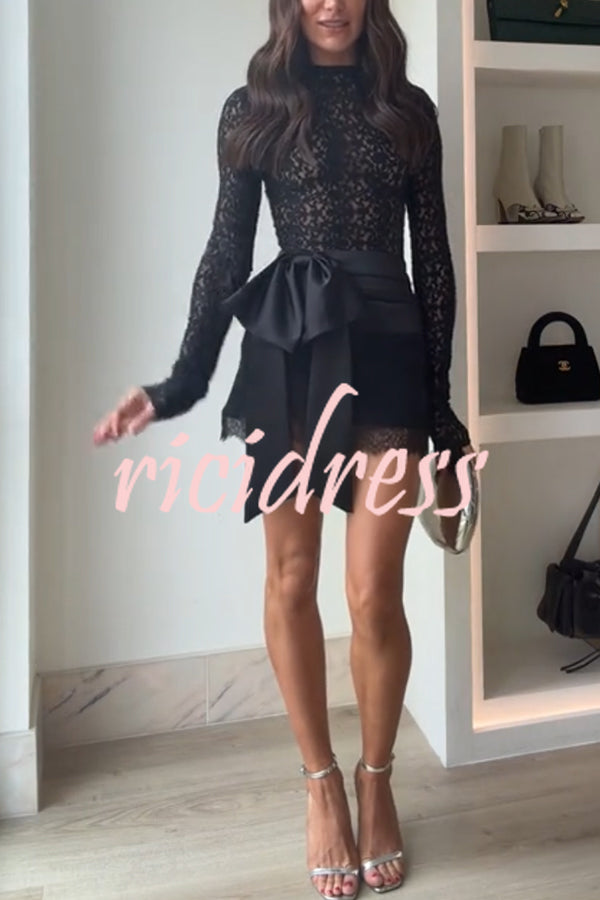 Anna Semi-sheer Lace Long Sleeve Back Bow Tie-up Cutout Stretch Bodysuit
