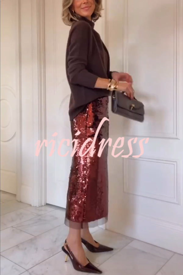 Upper East Chic Sequin Mesh Trim High Rise Slit Pencil Midi Skirt