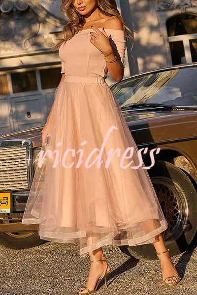 Talita Knit Off Shoulder Stretch Top and Tulle Elastic Waist A-line Midi Skirt Set