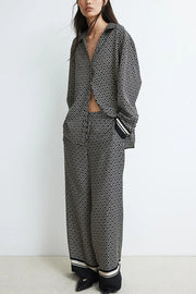 Unique Print Lapel Long Sleeve Loose Shirt and Elastic Waist Casual Pocket Wide Leg Pants Set