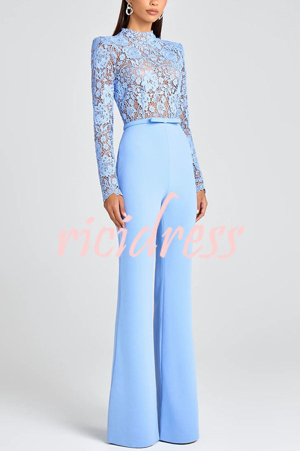 Party Charmer Flower Lace Patchwork Long Sleeve Bow Belted Flare Jumpsuit