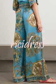 Satin Floral Print Loose Shirt and Elastic Waist Pocket Casual Wide-leg Pants