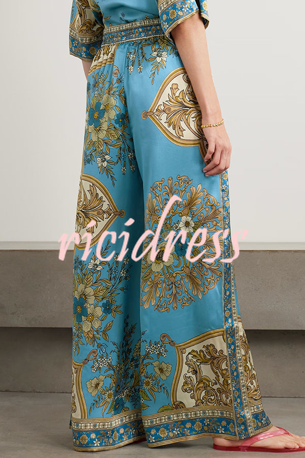 Satin Floral Print Loose Shirt and Elastic Waist Pocket Casual Wide-leg Pants