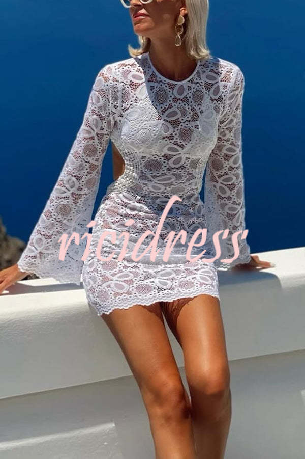 Santorini Sunset Floral Lace Long Sleeve Backless Tie-up Vacation Mini Dress