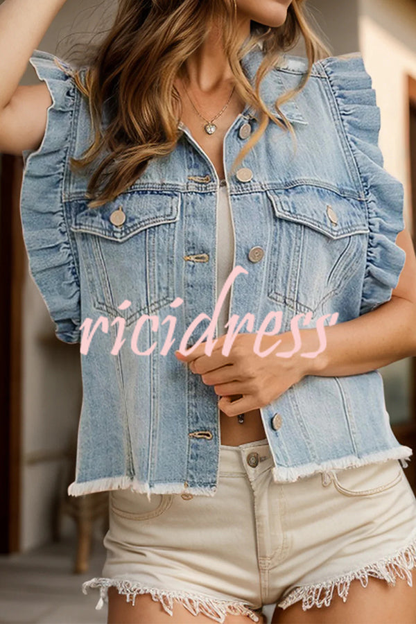 Stylish Lapel Single-breasted Ruffle Sleeve Loose Denim Jacket