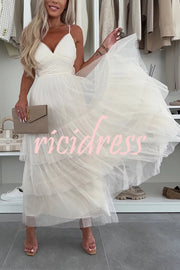 Romantic Movie Tulle Ruched Tiered Hem Slip Maxi Dress