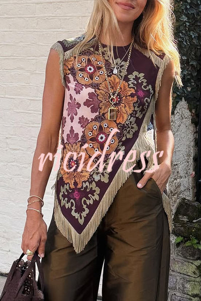 Stunning Floral Print Asymmetric Tassel Trim Scarf Top