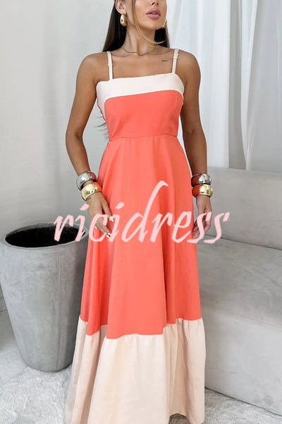 Fashionable Contrast Color Stitching Sling Maxi Dress