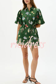 Linen Blend Unique Print Puff Sleeve Casual Mini Dress