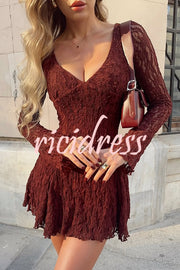 Fashionable Lace Long-sleeved V-neck Slim-fit Mini Dress