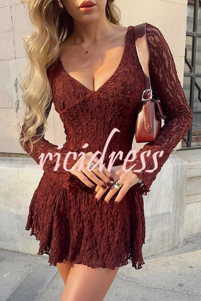 Fashionable Lace Long-sleeved V-neck Slim-fit Mini Dress