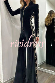 Star-print Velvet Patchwork Zipped Wide-leg Jumpsuit