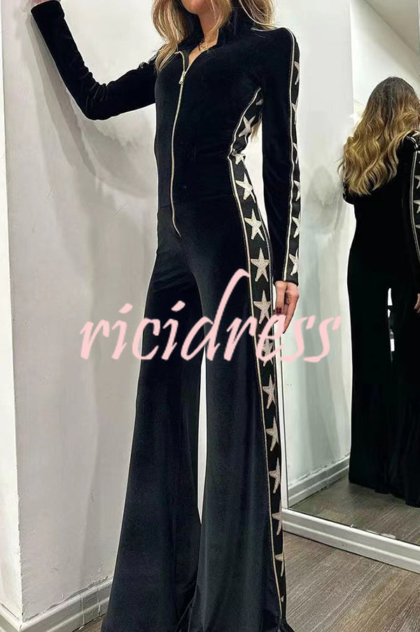 Star-print Velvet Patchwork Zipped Wide-leg Jumpsuit