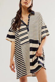 Contrast Striped Patchwork Denim Lapel Loose Casual Mini Dress