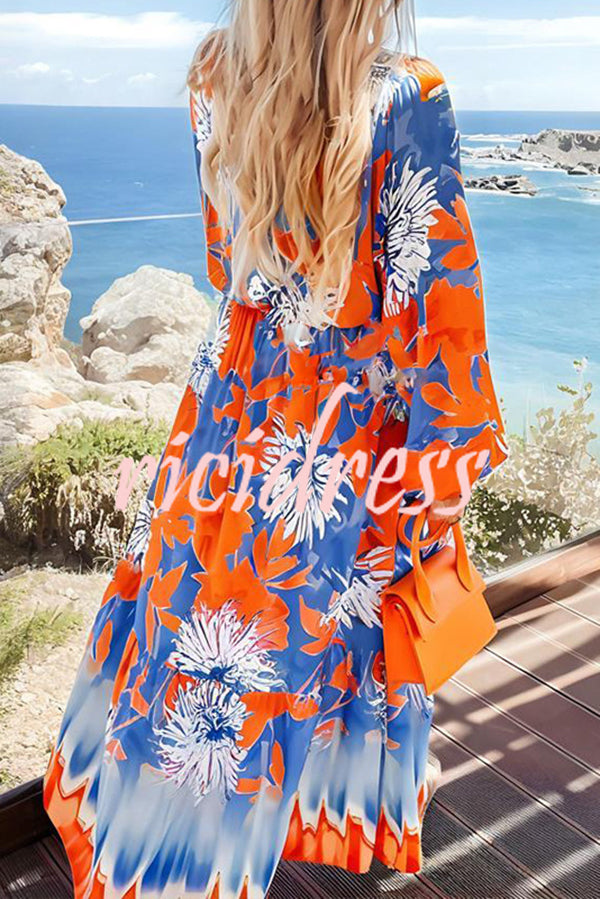 Unique Print V-Neck Long Sleeve Full Hem Holiday Maxi Dress