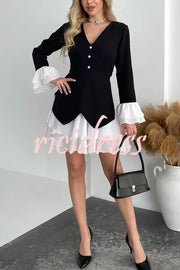Fashionable Contrast Color Panel Long Sleeve Ruffled Mini Dress